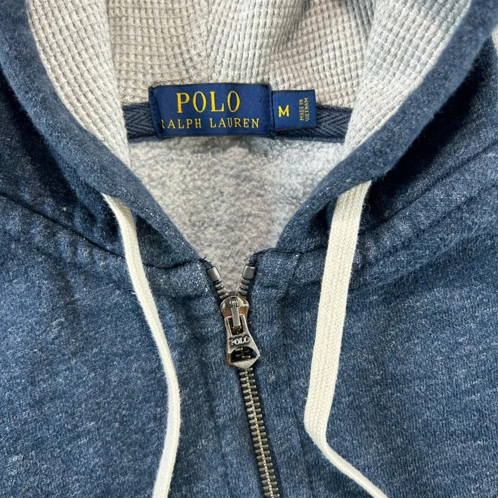 Polo Ralph Lauren Hoodie Mens M Blue Full Zip Red Pony Logo Waffle Lined Hood